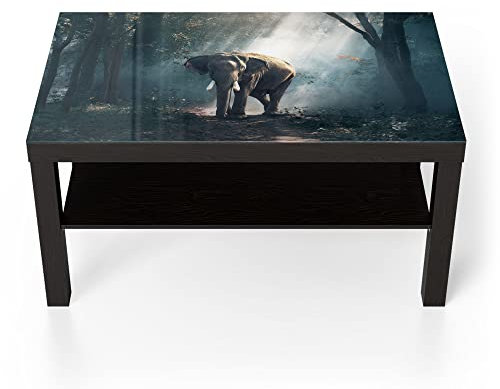 DEQORI Glastisch | schwarz groß 90x50 cm | Motiv Elefant im Wald | ausgefallener Beistelltisch aus Glas | Hochglanz Couchtisch fürs Wohnzimmer | moderner Couch Tisch mit Design