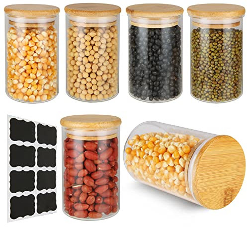 CYEER 6 Pack Glass Jars with Bamboo Lids 300ml Spice Jars with Lids and Labels Airtight Glass Jars Containers for Food Cookie Candy Snack Cereal Flour Tea Herb Grain