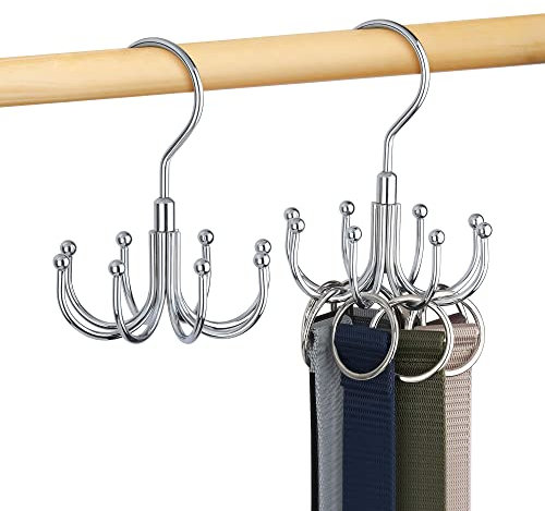 Omhomety 2 Stück Gürtelhalter Gürtel Aufbewahrung, Drehbarer Metall Gürtel Organizer Kann bis zu 48 Gürtel Aufnehmen, Platzsparender Gürtelaufhänger Kleiderschrank Organizer,Silber