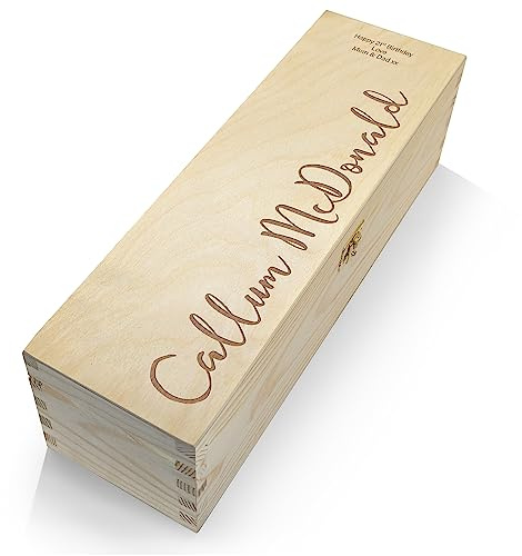 iCaseDesigner Personalised Engraved Wooden Wine Box with Hinge Lid & Woolwool filling - Vertical Name - Birthday, Anniversary, Retirement, Wedding