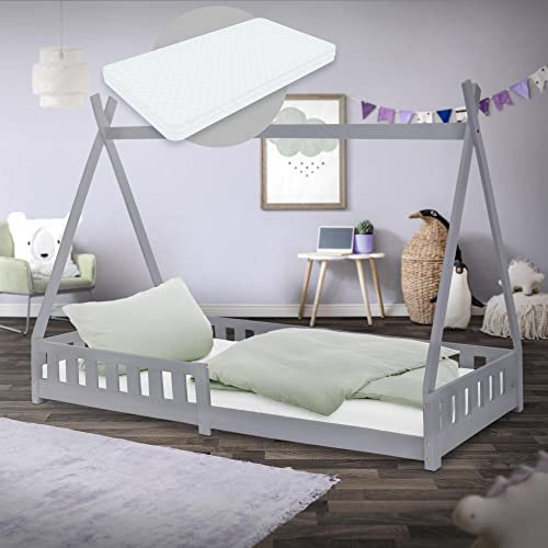 ML-Design Kinderbett Tipi 90x200 cm Hellgrau mit Matratze H:16 cm, Rausfallschutz & Lattenrost, Kiefernholz, Indianer Bett Mädchen & Jungen, Hausbett mit Zaun, Bodenbett Jugendbett Spielbett Holzbett