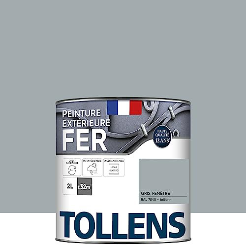 Tollens - Peinture extérieure fer 2 en 1 - Ultra Résistante - Protection antirouille - Laque Riche en Résine - Sans Sous-Couche - Entretien Facile - Brillant - Gris Fenêtre - 2L = 32m2