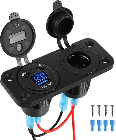 Thlevel USB Car Charger Socket 18W QC 3.0 & 45W Dual PD Type C Cigarette Lighter 12V 24V Power Outlet with LED Digital Voltmeter Touch Switch for Boat Marine