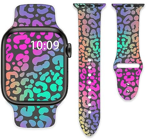 Colorful Glow Neon Rainbow Leopard Cheetah Print Watch Bands Compatible with Apple Watch 42mm 44mm 45mm 49mm, Silicone Wristbands Strap Replacement for IWatch Series SE 8 7 6 5 4 3, White 22