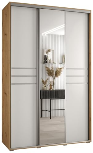MEBLE KRYSPOL Davos 11 160 Schrank mit DREI Schiebetüren für Schlafzimmer - Moderner Schrank mit Spiegel, Kleiderstange und Regalen - 235,2x160x45 cm - Artisan Weiß Silber