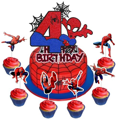 25 Stück Spiderm Cake Topper,7-Jährige Spiderm Tortendeko, Spiderm Kuchen Deko,Spiderm Deko Torte,Doppelseitiger Glitter Kindergeburtstag Kuchen Deko für Mädchen Junge Baby