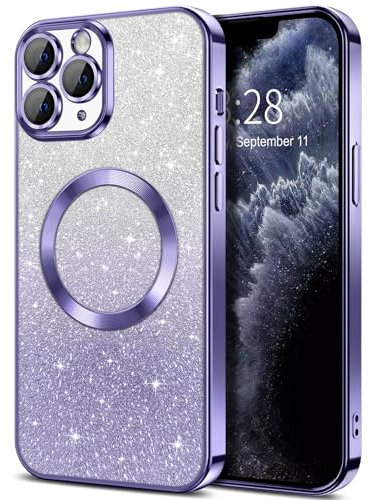 Hython for iPhone 11 Pro Case Clear Magnetic Glitter Phone Cases [Compatible with MagSafe] Full Camera Lens Protector Slim Gradient Sparkle Luxury Plating Shockproof Protective Cover, Light Purple