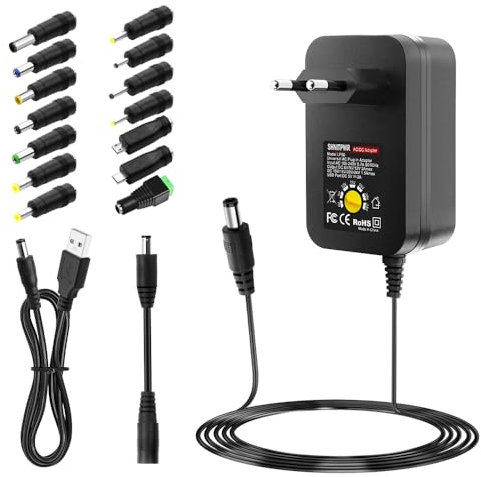 SHNITPWR 36W Einstellbares Netzteil DC 6V ~ 24V Universal-Netzteil 6V 9V 12V 15V 18V 20V 24V AC Adapter mit 5V 2A USB-Anschluss AC 100~240V zu DC Konverter