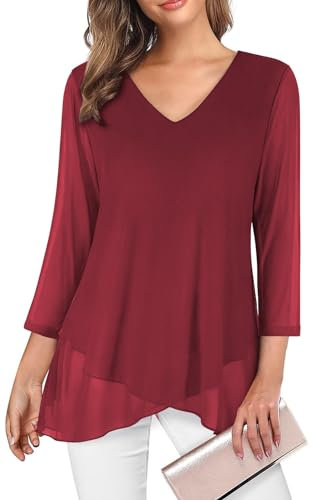 Adigaber Camicie Donna Casual in Chiffon Camicia Elegante di 3/4 Manica a Volant Scollo a V Bluse Leggero Classiaca