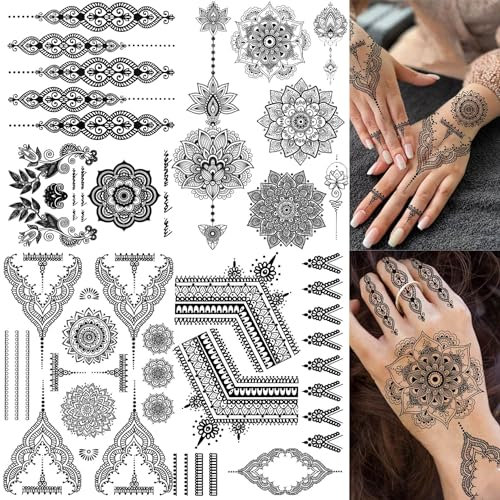 4 Blatt Sexy Vintage India Lotus Temporäre Tattoos Damen Frauen Hand Finger Mädchen Klebetattoos Erwachsene Sets, Schwarz Mandala Blume Fake Tattoo Sticker Vorlage, Partyzubehör Festival Accessoires