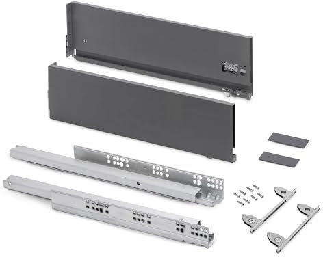 Emuca - Schubladen-Kit für Küche und Bad mit 3D-Regelung, Höhe 178mm, Tiefe 350mm, 40 Kg, sanftes Schließen, Panels nicht enthalten, Stahl, Anthrazitgrau