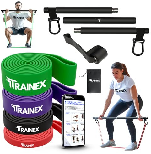 TRAINEX Bandas Elasticas Musculacion. con Barra y Anclaje de Puerta, Kit 4 Niveles de Resistencia, 100% látex, Gomas Elasticas Musculacion Dominadas, Entrenamiento de Fuerza, Fitness, Gym, Calistenia