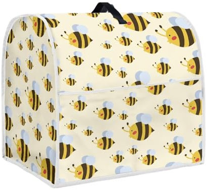 Jndtueit Bee Print Stand Mixer Cover,Yellow Auto Mixer Cover with Handle&Pockets,Dust Proof Small Appliance Organizer Covers Washable