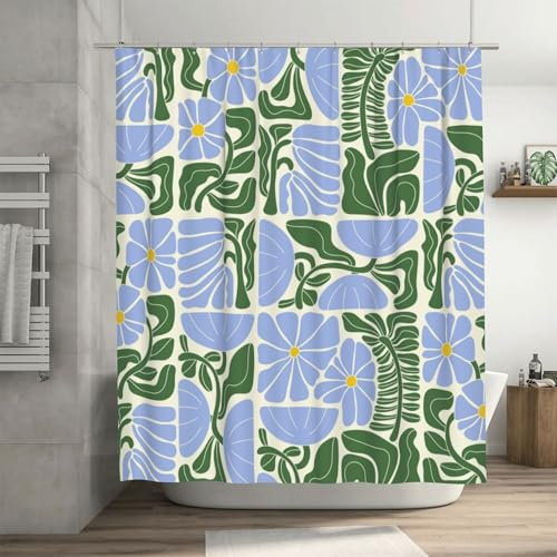 Ohocut Mid Century Moderne abstrakte geometrische Boho-Duschvorhänge für Badezimmer, niedliches blaues und grünes Blumenmuster, Badezimmer-Duschvorhang, Vintage-Badevorhang, wasserdichter