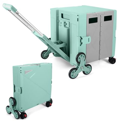 LexonElec x SELORSS Faltbarer Einkaufstrolley mit Treppensteigenden Rädern, Verstellbarem Teleskop-Aluminiumgriff und Deckel, Zusammenklappbarem Nutzkasten, Tragbarer Wagen,90KG/76L - Grün Grau