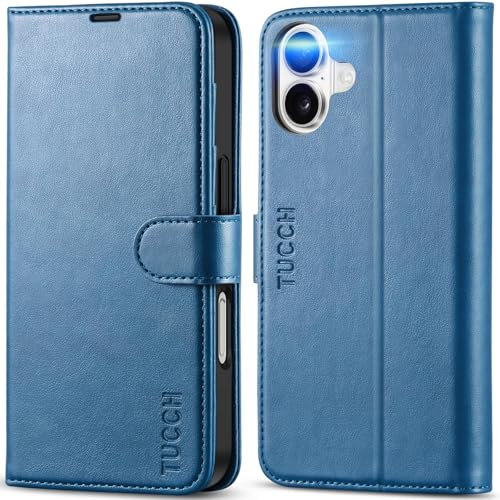 TUCCH Wallet Case for iPhone 16 (6.1) 2024, Magnetic Protective PU Leather Flip Folio Cover with [RFID Blocking][Credit Card Holders]Viewing Stand[Shockproof TPU]Compatible with iPhone 16, Lake Blue