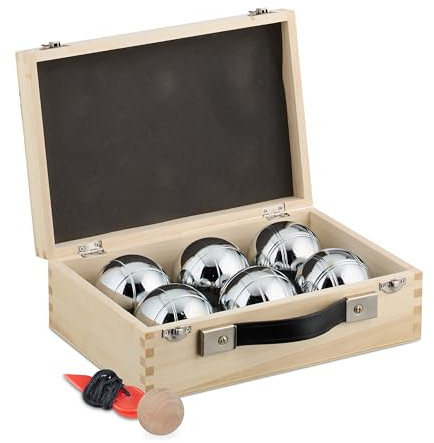 Relaxdays Boule Kugeln, 6 Stahlkugeln, Set mit Zielkugel, Abstandsmesser & Holzkoffer, Boccia Spiel, 72 mm, Natur/Silber