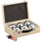 Relaxdays Boule Kugeln, 6 Stahlkugeln, Set mit Zielkugel, Abstandsmesser & Holzkoffer, Boccia Spiel, 72 mm, Natur/Silber
