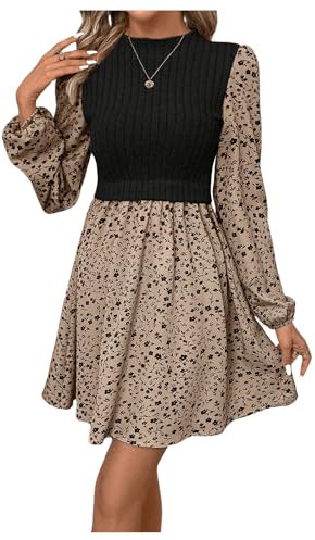 GORGLITTER Women's Floral A Line Flared Flowy Short Dress Rib Knit Long Sleeve Mock Neck Dresses Black L