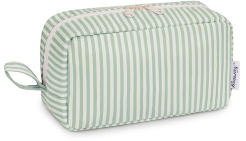 Narwey Kulturtasche Damen Kosmetiktasche Make up Tasche Damen Kulturbeutel Schminktasche Kleine, Makeup Tasche Makeup Bag (Mintgrün Gestreift, Groß)