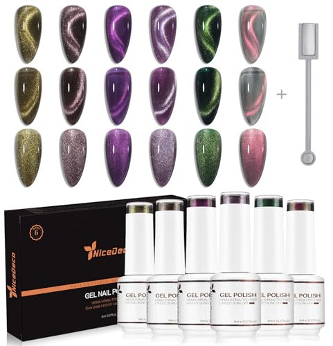 Nicedeco Cat Eye UV Gel Set 6 Farben Cateye UV Gel 8ml Katzenaugen Gel Nagellack Cat Eye Gel mit 1 Magnet Soak Off Gel Nagellack Cat Eye Magnetic Set 6-42