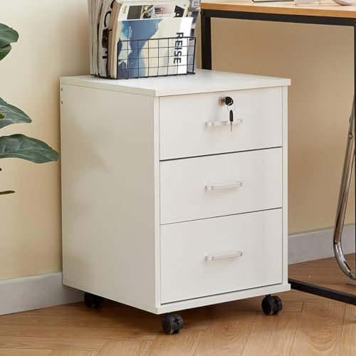ZBAOLTO Rollcontainer Abschließbar,Rollcontainer mit Schubladen,Aktenschrank, Büro-Aktenschränke mit Rollen,Vertikale für Büro Arbeitszimmer Wohnzimmer, Holz Weiß 40×40×57 cm
