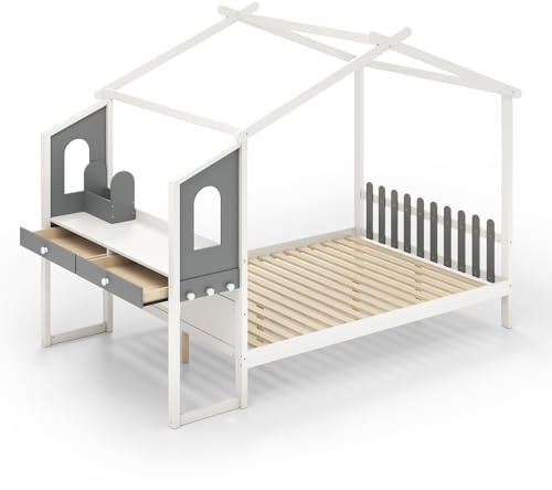 LIFEZEAL Lit Cabane Enfant avec Bureau, 2 Tiroirs, Organisateur de Rangement, 6 Crochets, Cadre de Lit avec Baldaquin, Sommier en Bois de Pin, Charge 150 kg (201x141 cm)