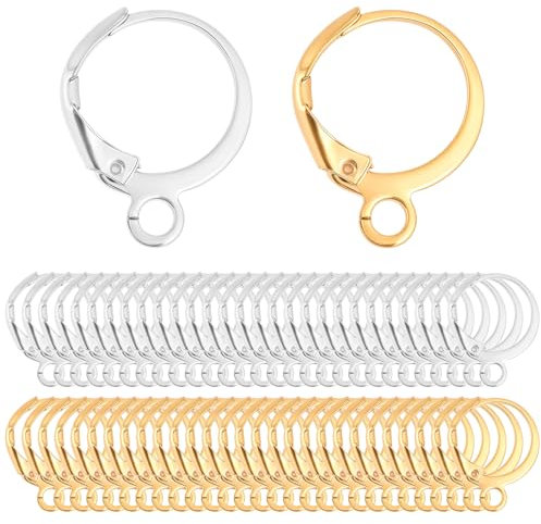 100 Stück Ohrhaken,Mabor Ohrringe Gold Silber Rund Selber Machen mit Hebelverschluss Earring Hooks Schmuckherstellung Französische Ohrringhaken Runde Silber Gold für DIY Ohrringe Basteln