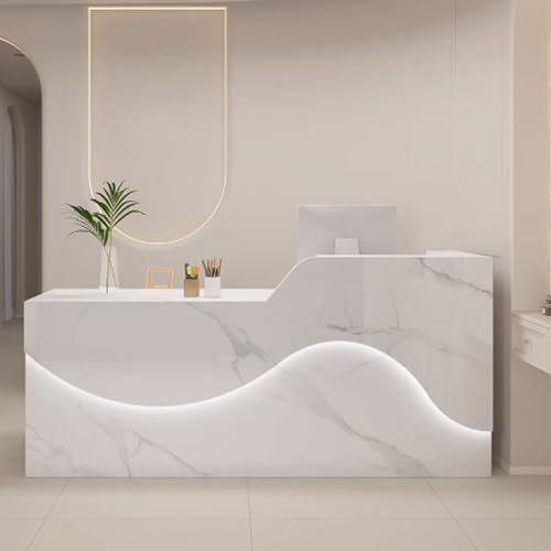 GUQASDV Empfangstheke Rezeption, Empfangstresen für Praxis, Reception Desk Modern, Bürotheke Reception Tisch Holzwerkstoff mit Sanfter und Entspannender Beleuchtung(White Texture,140cm)