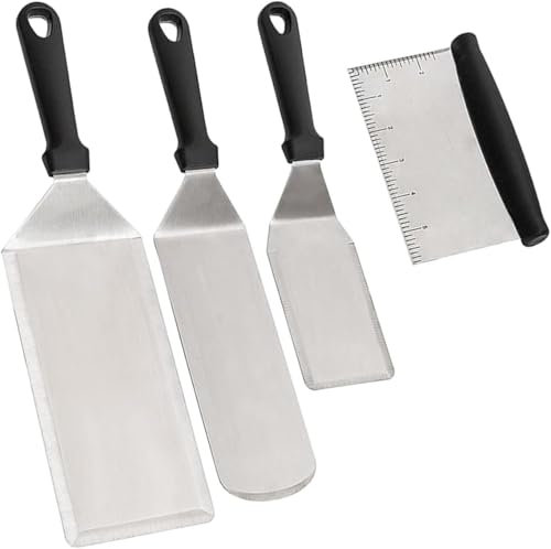 Griddle Spatula Set 4Pcs – Heavy-Duty Stainless Steel Grill Metal BBQ Spatula Includes Pancake Flipper, Burger Press, Griddle Spatula for BBQ, Flat Top & Professional Cooking