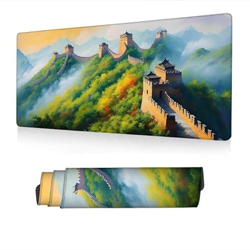 Tapis de Souris XXL 1400x600x3mm,Tapis Souris Montagne Mousepad Imperméable,Grande Muraille Mouse Pad avec Base Antidérapant,Desk Mat avec Bords Surpiqués,Deco Bureau,Gaming Accessoire,Cadeaux S1-592