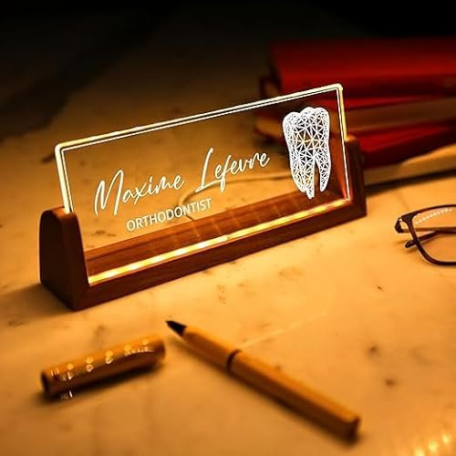 Custom LED Desk Name Plate for Orthodontists – Personalized Acrylic Light-Up Office Sign with Tooth Design – Engraved Professional Name Tag with Wooden Base – Dentist Desk Decor
