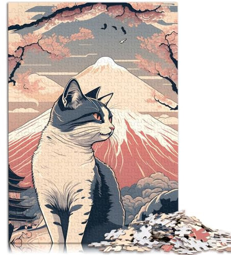 Puzzle für Erwachsene, 1000 Teile, japanische Katze, Berg Fuji, das Puzzle-Angebot als Geschenk für die ganze Familie, 14,96 x 20,47 Zoll