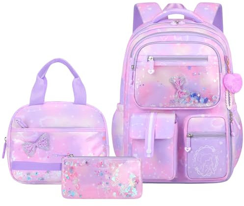 Amythe Set Schulrucksack Mädchen Teenager 3 Teilig, 2025 Schulranzen mit Lunch Tasche Federmäppchen Gymnasium Oberstufe für Schule Reisen für 15.6 Laptop-Lila