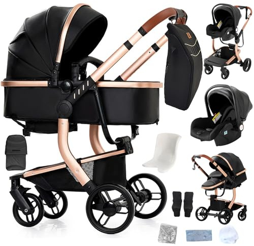 Reenborn PU-Leder Kinderwagen 3 in 1, Buggy mit Ein-Klick-Faltdesign, Kinderwagen mit Zwei Umkehrbaren Schiebemodi, Kombikinderwagen 3 in 1 Komplettset Rahmen Aluminiumlegierung (B518 Black)