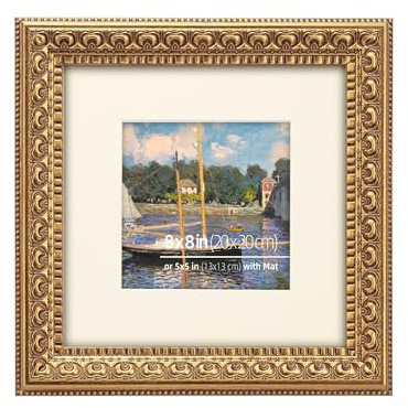 Eitida 8x8 inch Antique Gold Picture Frame, Ornate Vintage Wood Design, Matted for 5x5 Photos, Wall or Tabletop Display