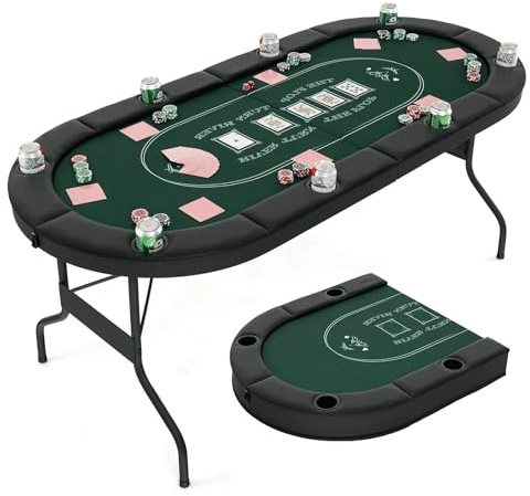 HOMASIS Pokertisch klappbar für 8 Spieler, Spieltisch mit 8 Getränkehaltern aus Metall, Profi Poker Tisch mit gepolsterter Armauflage, Casino Roulette Tisch für Blackjack, Texas Hold'em (Grün)