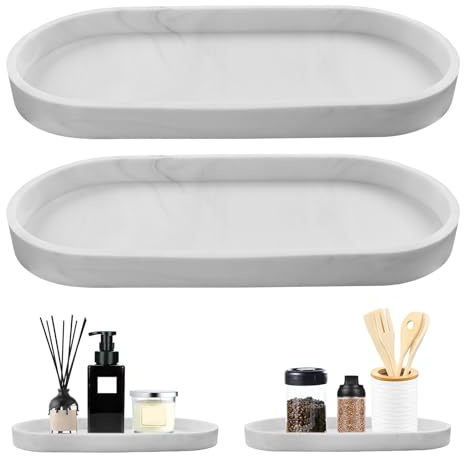 MOLENCO Silicone Bathroom Vanity Tray Decorative, Marble White, 9.84×4.33in | Toilet Tank Oval Storage Tray, Non-slip, Shatterproof, Waterproof, Optimize Storage Space, for Perfume, Bedroom, Kitchen