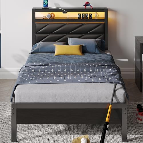 Seventable Lit Simple 90 x 190 cm avec Sommier Métal, Tête de Lit Capitonnée en Cuir PU avec Rangement, Éclairage LED, Ports USB & Type-C, Cadre de Lit Facile à Assembler (Noir)