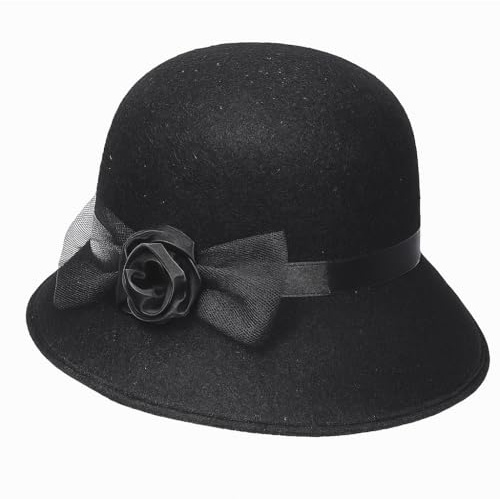 TrendandStylez 20er Jahre Damenhut Cloche Schwarz mit Satinblume & Schleife – Eleganter Charleston Hut für Kostüm & Vintage Look | Perfektes Accessoire zu Flapper Kleid, Federboa &, Karneval