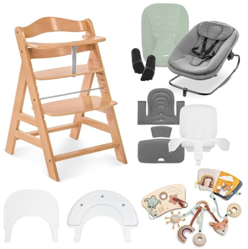 hauck Seggiolone Baby All-in-One, Alpha Start N Grow Set Natural Dark Grey | Dalla nascita a 90 kg, sedia evolutiva con sdraietta + fodera, riduttore + cuscino, vassoio pappa e gioco con 3 accessori