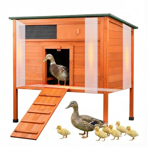 Insulated Duck Coop Warm Duck House for Outside Wooden Duck House with Larger Windows, Chicken coop with Perches, Ramp, Openable Roof