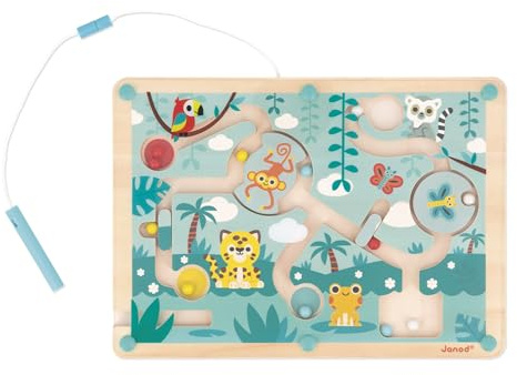 Janod – Magnetisches Labyrinth mit tropischen Holzkugeln – 12 magnetische Kugeln + Magnetstift – Förderung der Feinmotorik und Konzentration – Format: 18 x 25 cm – Ab 2 Jahren