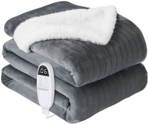 anysun Heizdecke 200x180 cm, Wärmedecke Elektrisch mit 1-10h Timer | Heizdecke mit Abschaltautomatik, 6 Temperaturstufen, Flanell & Faux-Kaninchenfell, Maschinenwaschbar, für Sofa und Bett