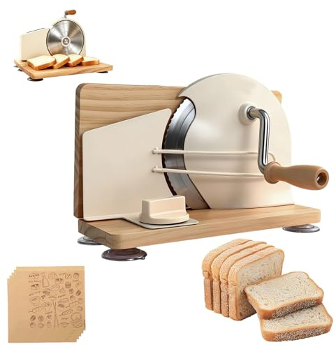 Foldable Manual Bread Cutter with Hand Crank, Adjustable Thickness Bread Slicer with Scale Line, Folding Base & Suction Cup Pastry Slicer for Crusty Bread, with 50PCS Bread Bags