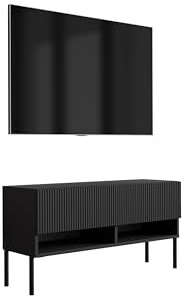 3E 3xE living.com TV-Schrank mit geriffelter Front, Mattschwarz, gerade Schwarze Beine, 100 × 32 × 52 cm