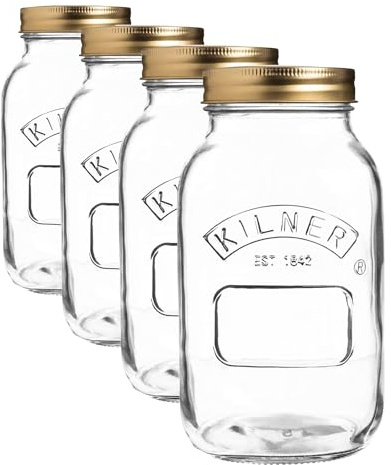 Kilner Preserve Jar 1L (1000ml) Round Glass Screw Top Lid Preservation Storage Jar for Pickling Vegetables Whole Fruits Chunky Chutneys (Pack of 4)