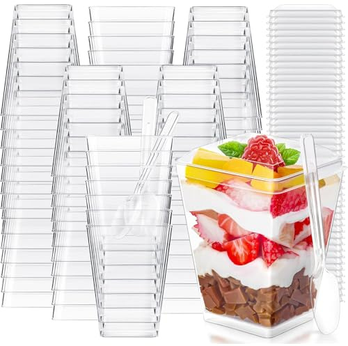 ZkateTrade 50 Stück Dessertgläser Plastik mit Deckel und Wiederverwendbar Löffeln, 5oz/160ml Dessertbecher Wiederverwendbar, Quadratischer Plastikbecher für Dessert Pudding Mousse Eiscreme Party