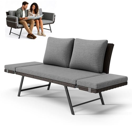 Balkonbank mit Liegefunktion,Liege Bank rattan 4-in-1 Gartenbank mit klappbaren Armlehnen,176cm Balkonsofa mit Kissen,abnehmbaren Sitzpolstern, Outdoor Lounge Sofa für Garten,Terrasse Balkon (Dunkel)