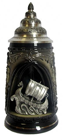 KING Grotten Krug, schwarz, Zinn Wickingerschiff, mit Zinnspitzdeckel, 0,5 Liter Bierseidel